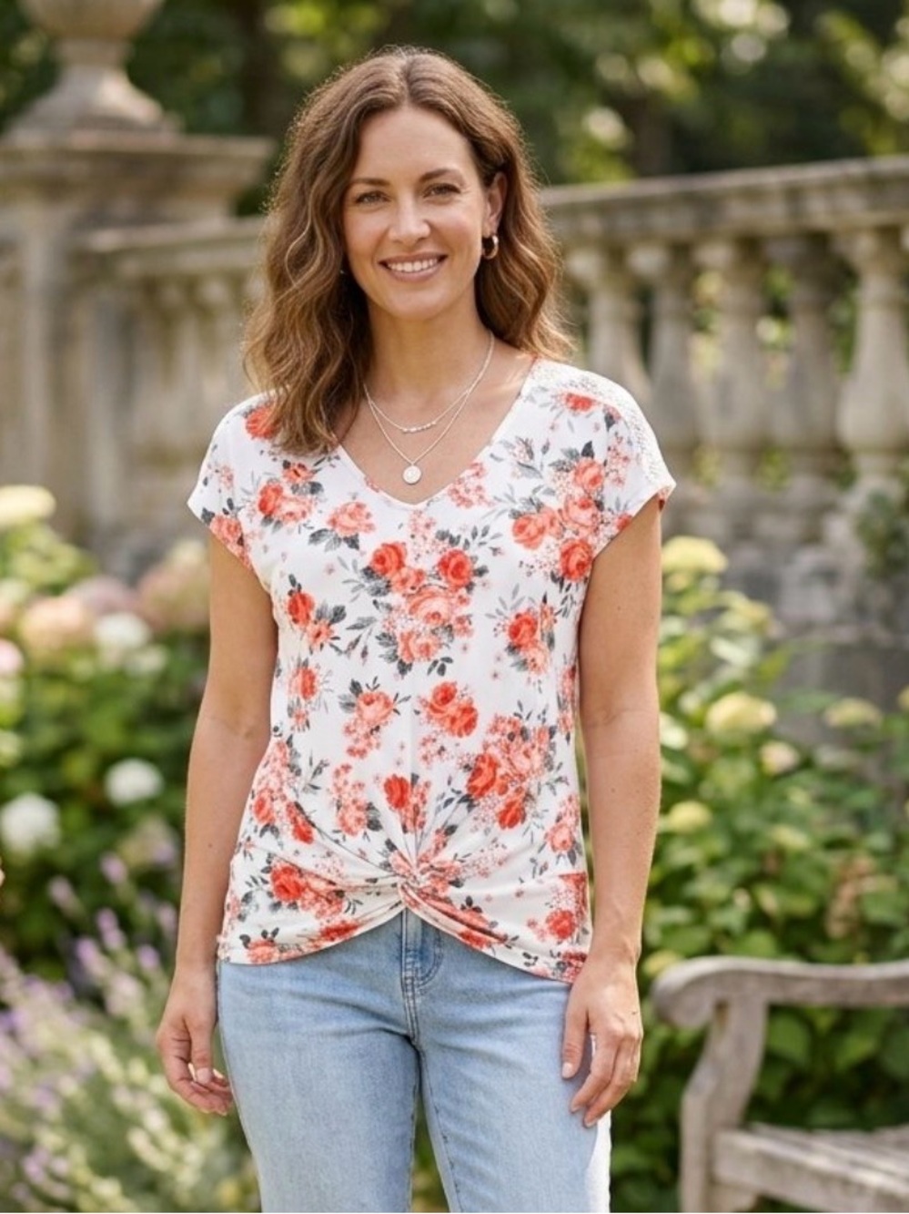 Floral Design Knot Blouse with Lace Back Detail